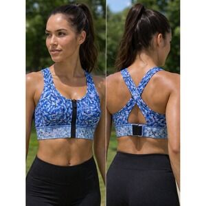 Shefit Ultimate Sports Bra‎ Blue Geometric Prism Print High Impact Front Zip S